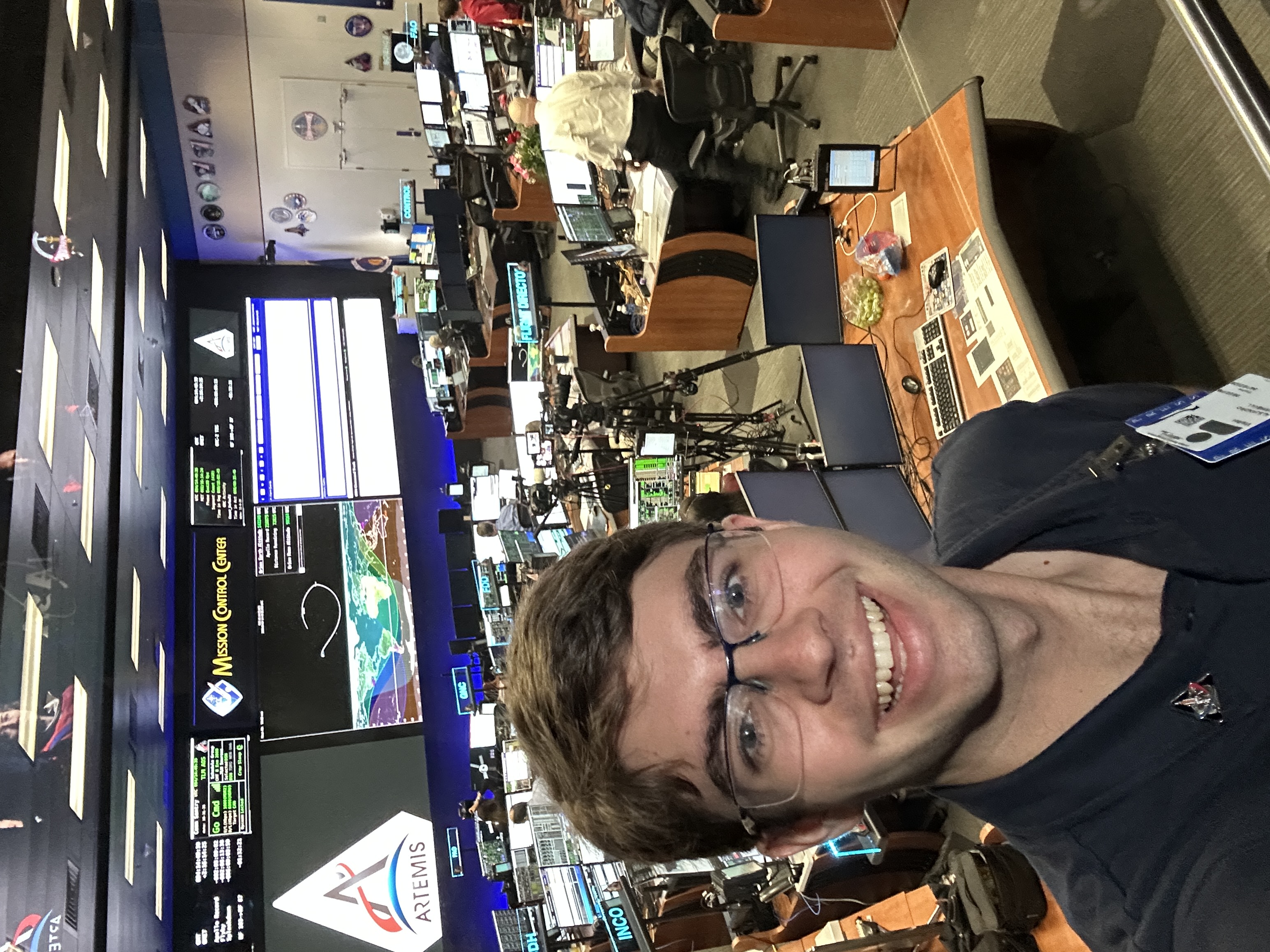 Selfie inside NASA Mission Control at Johnson Space Center during Artemis II
